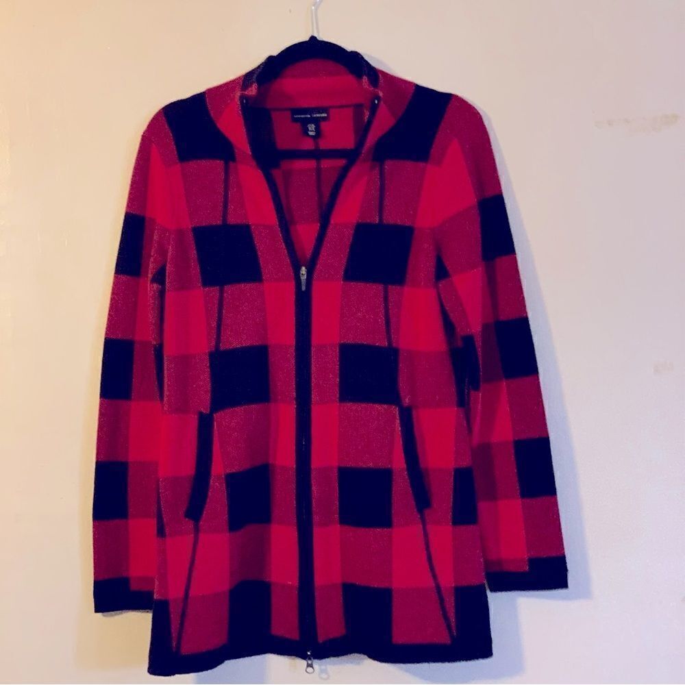 Adrienne Vittadini Buffalo Plaid Cardigan Sweater Pockets Double Zipper Sz Med